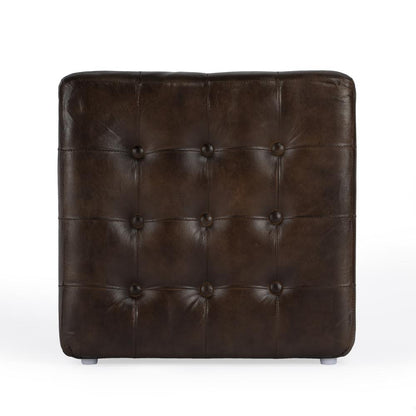 Leon Button Tufted Leather Ottoman, Dark Brown