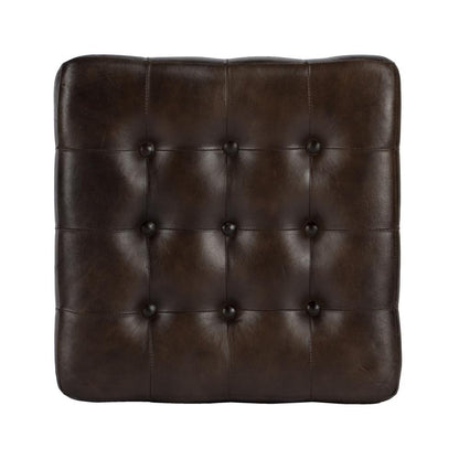 Leon Button Tufted Leather Ottoman, Dark Brown