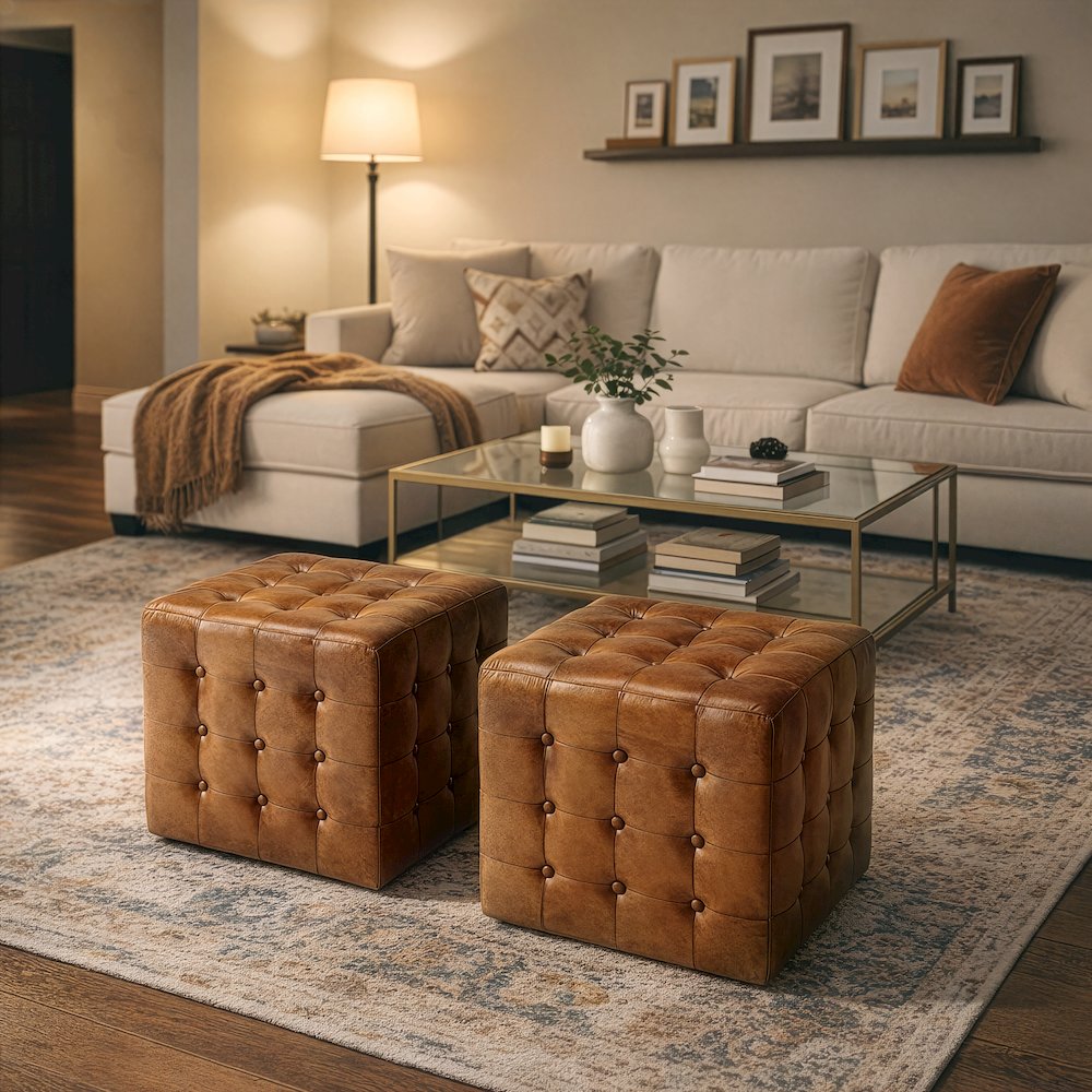 Leon Leather Cube Ottoman, Medium Brown