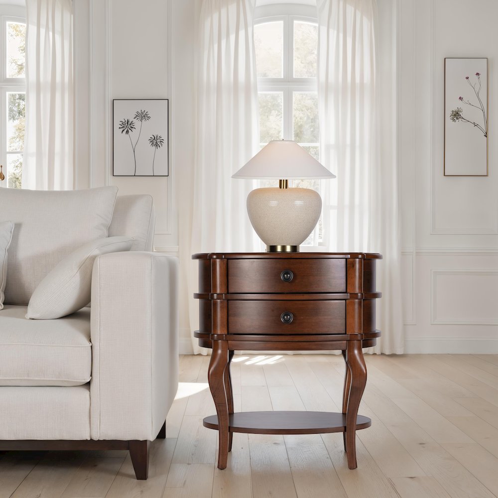 Ethel 25 in. W Oval Wood 2 Drawer Accent Table, Brown