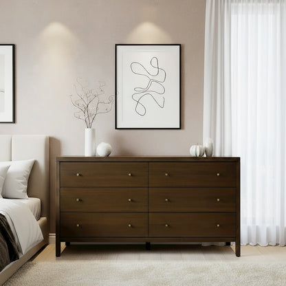 Mendel 60 in. W Rectangular Wood 6 Drawer Dresser, Walnut