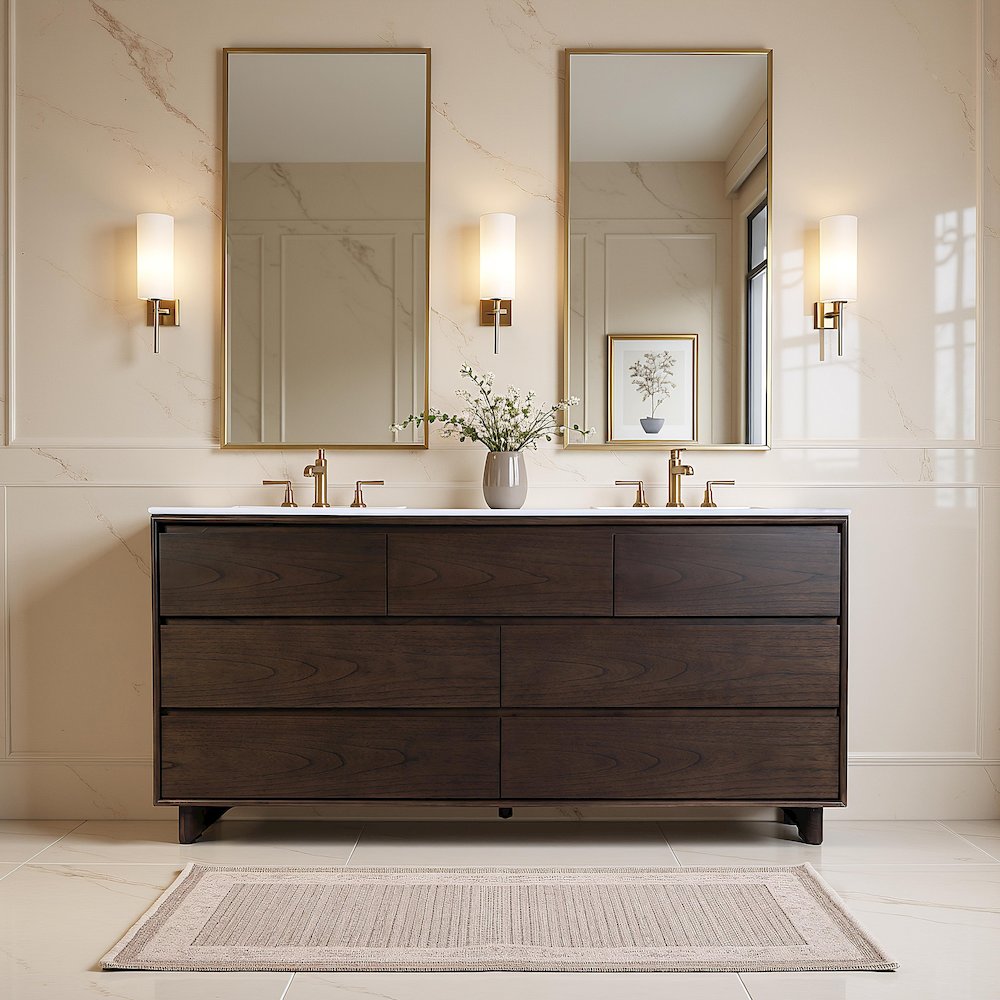 Gannet 72 in. W Wood Double Sink 5 Drawer Vanity Set, Brown