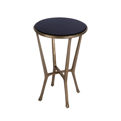 Ivy 15.5 in. W Round Metal & Granite Side Table, Black, Antique Gold