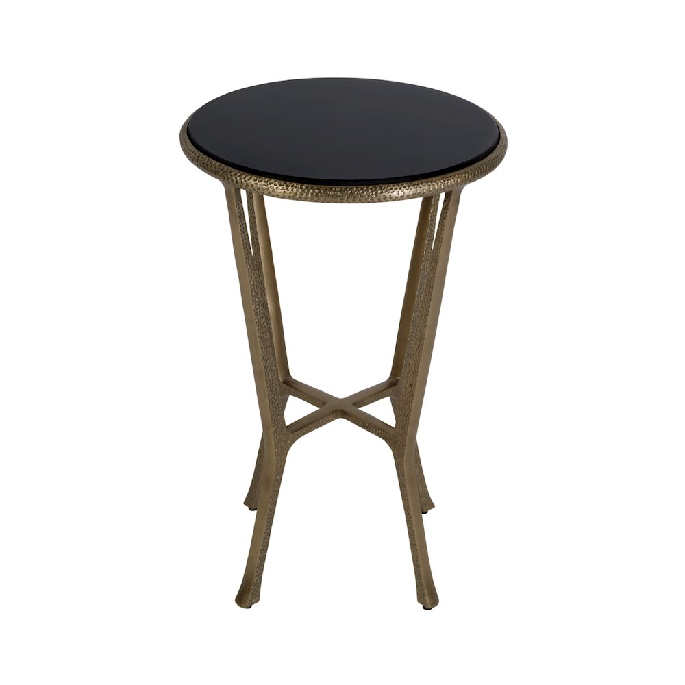 Ivy 15.5 in. W Round Metal & Granite Side Table, Black, Antique Gold