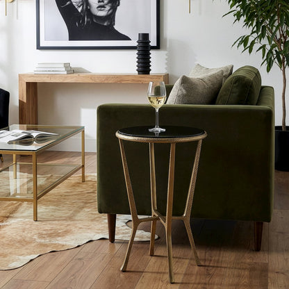 Ivy 15.5 in. W Round Metal & Granite Side Table, Black, Antique Gold