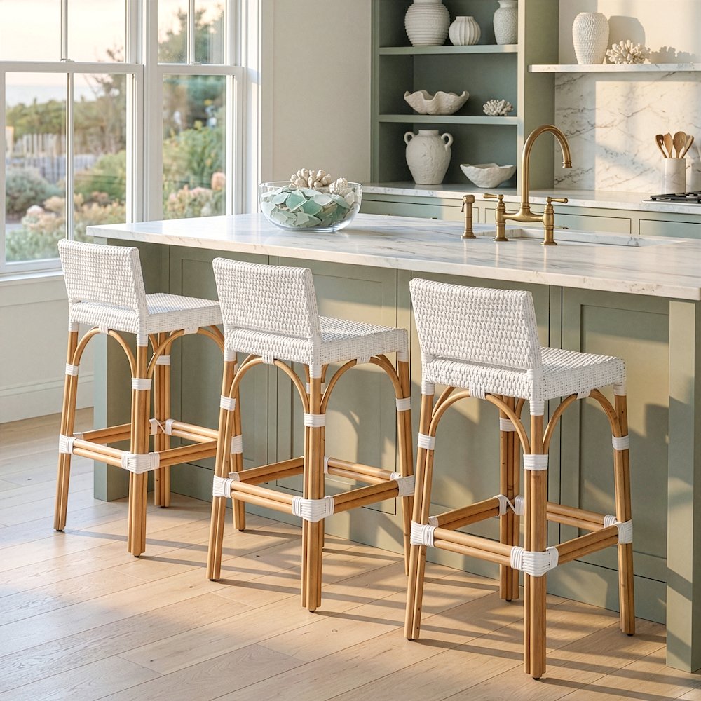 Serienna 30 in. Seat Height Rectangular Rattan Low Back Bar Stool, Smooth White