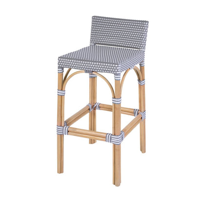 Serienna 30 in. Seat Height Rattan Low Back Bar Stool, Gray and White Dot