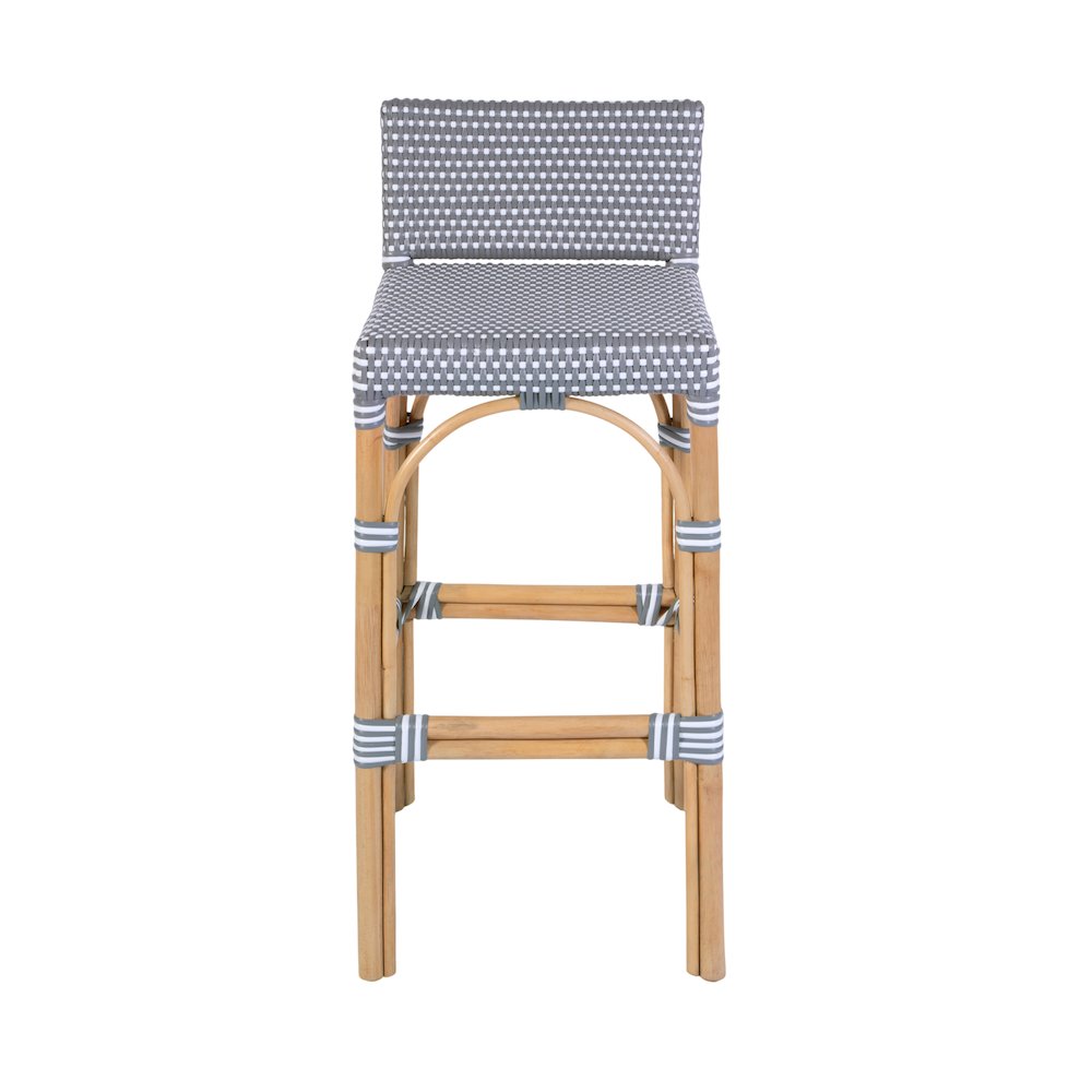 Serienna 30 in. Seat Height Rattan Low Back Bar Stool, Gray and White Dot