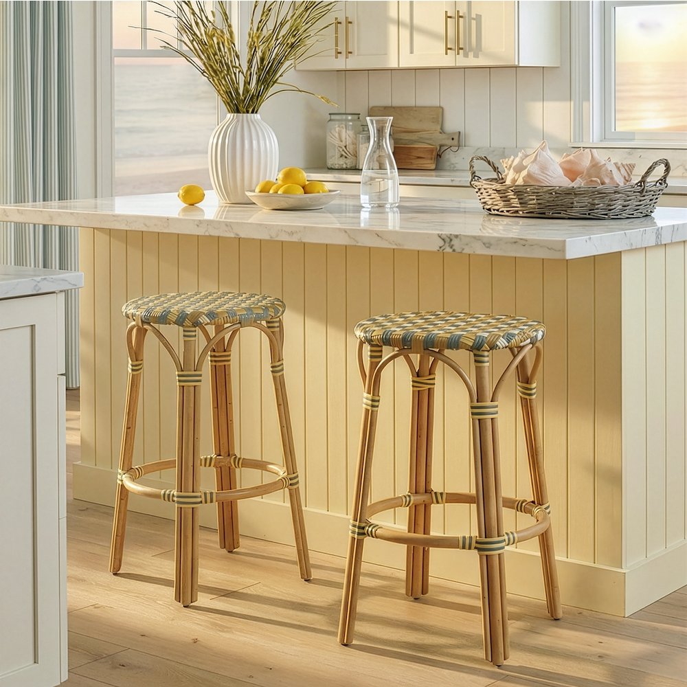 Ballito 30 in. Seat Height Oval Rattan Bar Stool with Footrest, Yellow and Brown