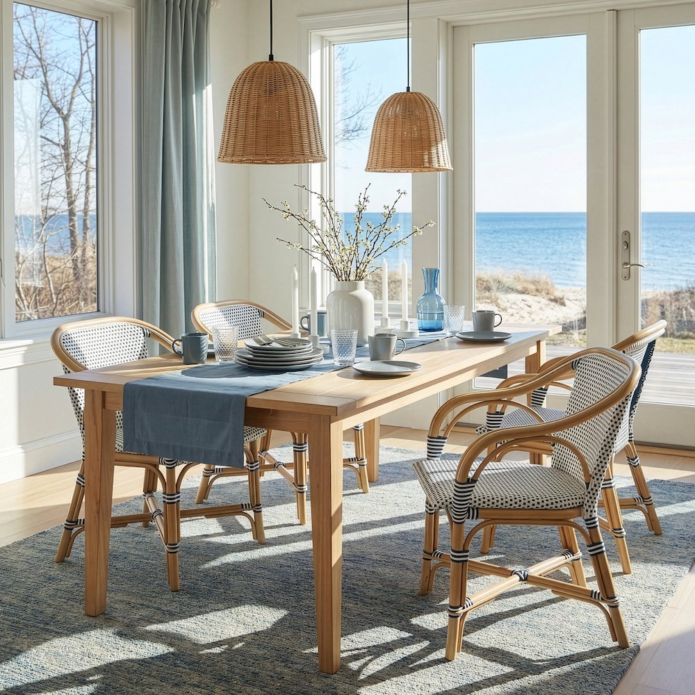 Portofino 18.75 in. Seat Height Rattan Arm Chair, White and Navy