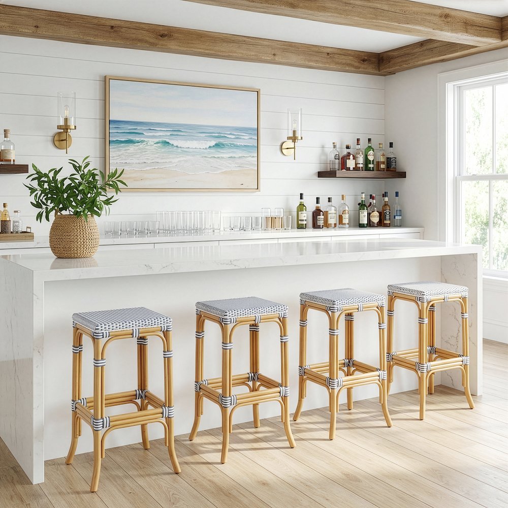 Laguna 30.5 in. Seat Height Rectangular Rattan Backless Bar Stool White and Gray