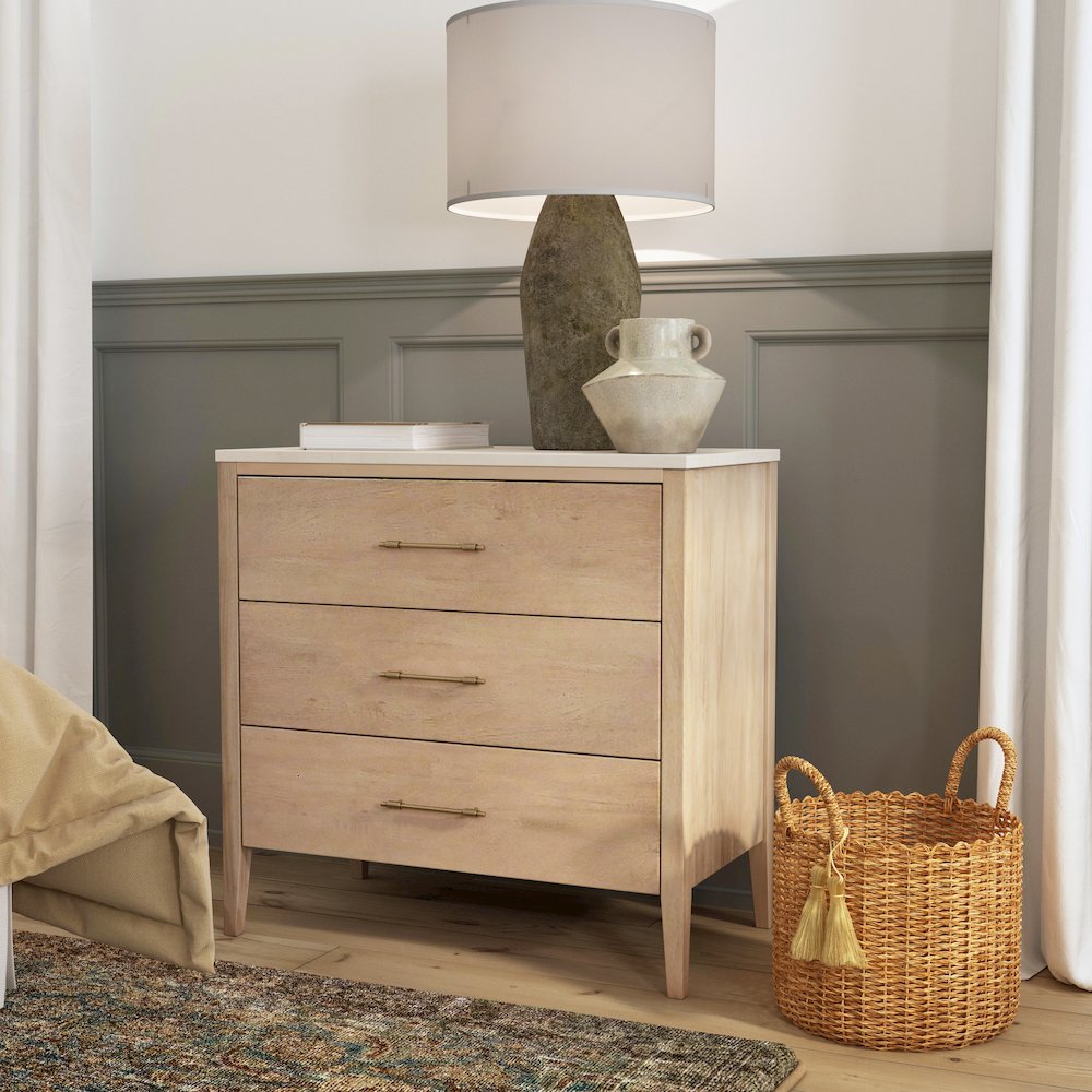 Averly 32.75 in. W Marble and Wood 3 Drawer Chest, Light Brown