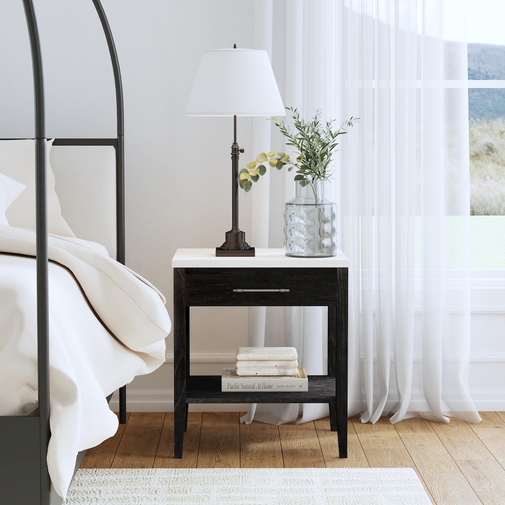 Averly 22"W Marble Top 1 Drawer Nightstand with Shelf, Black