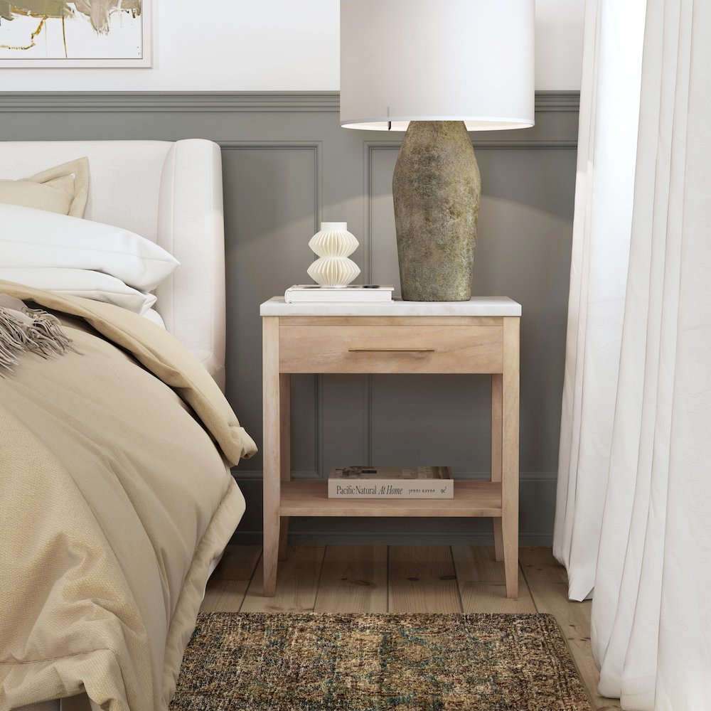 Averly 22"W Marble Top 1 Drawer Nightstand with Shelf, Light Brown
