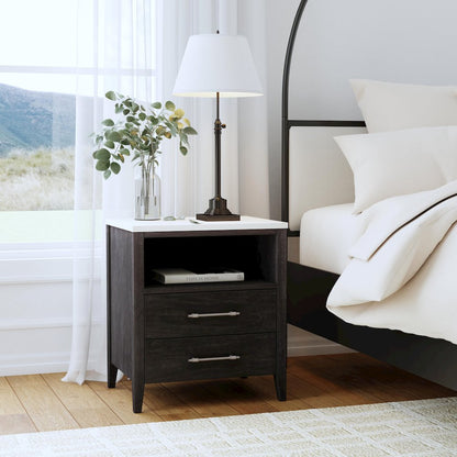 Averly 22"W Marble Top 2 Drawer Nightstand with Shelf, Black