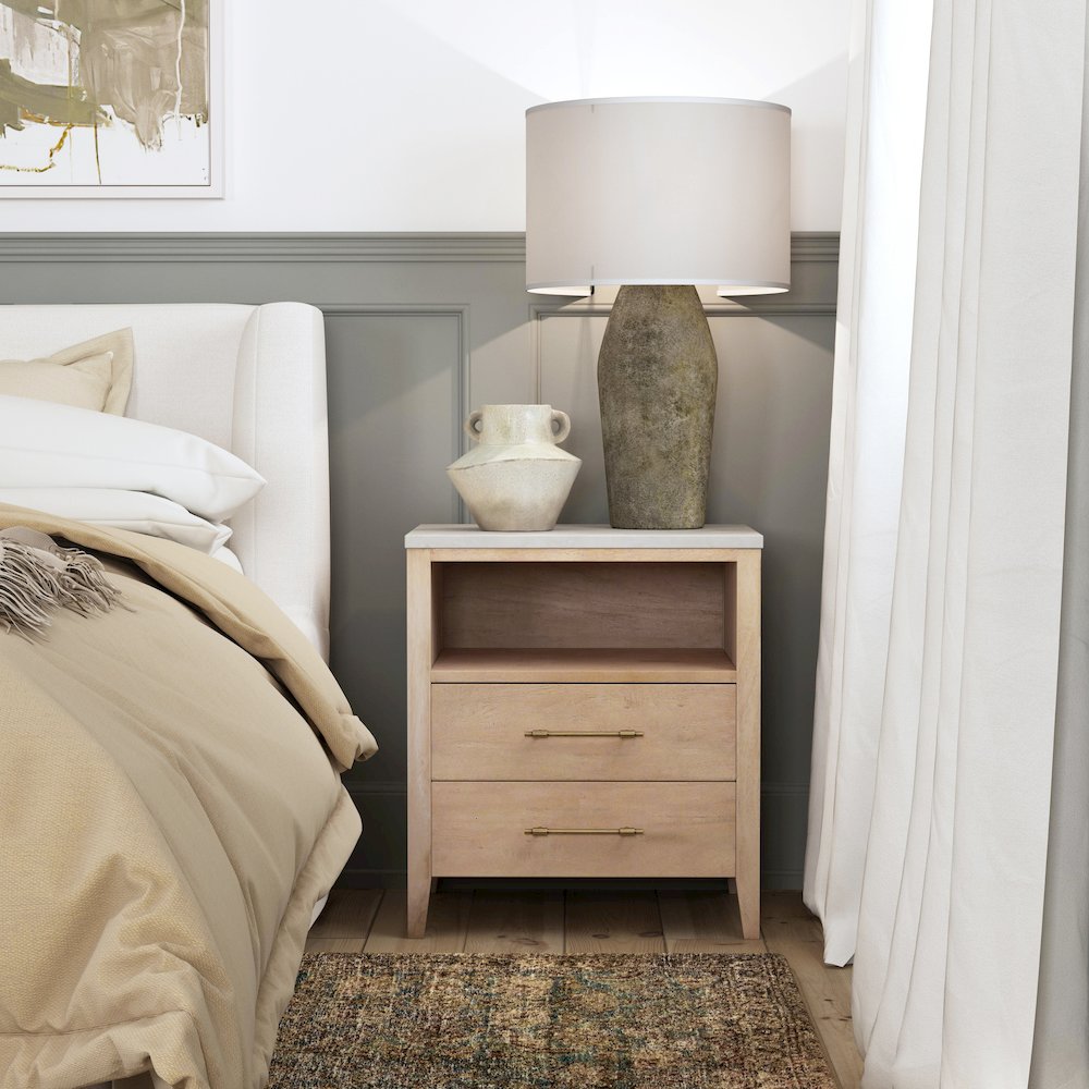 Averly 22"W Marble Top 2 Drawer Nightstand with Shelf, Light Brown
