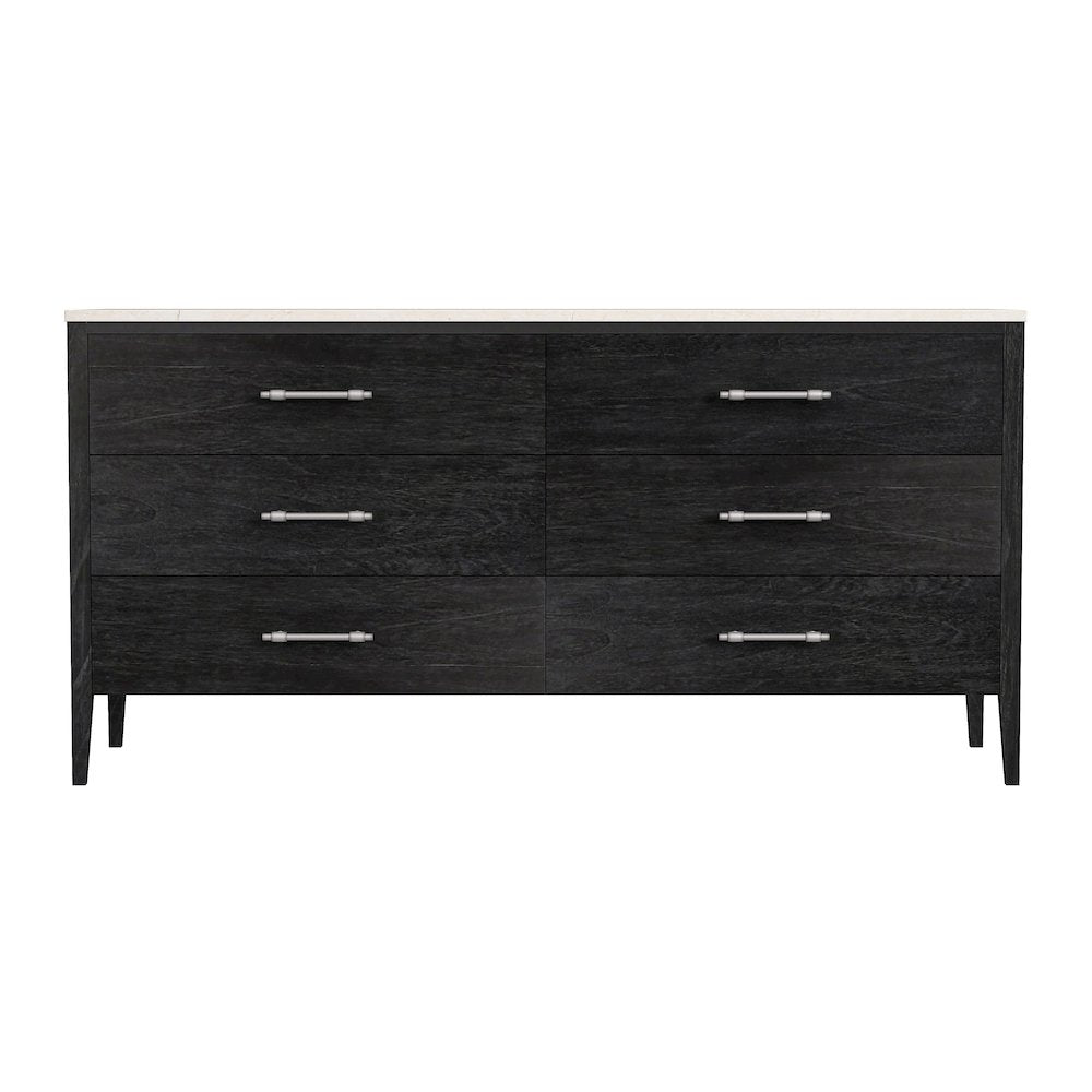 Averly 64"W Rectangular Marble Top 6 Drawer Dresser, Black