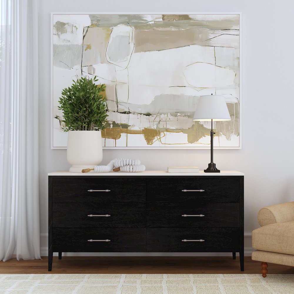 Averly 64"W Rectangular Marble Top 6 Drawer Dresser, Black