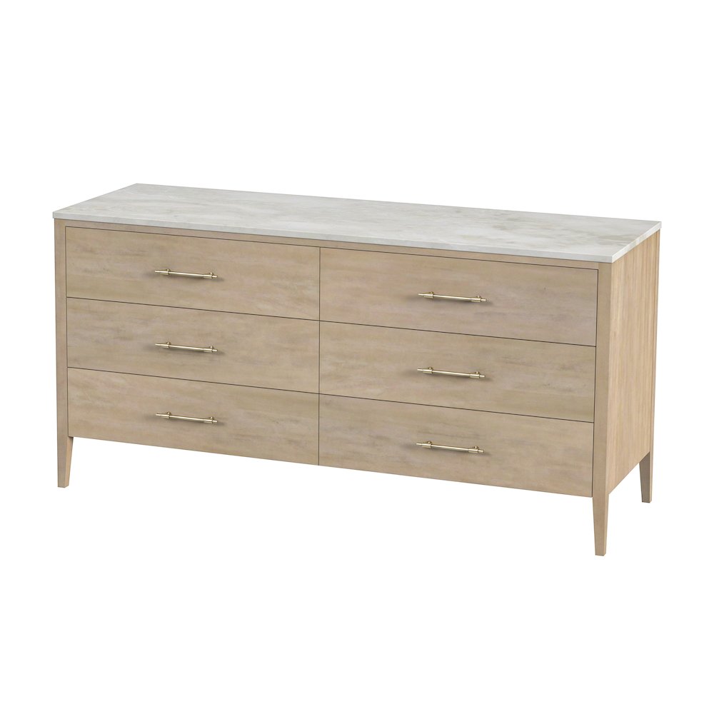 Averly 64"W Rectangular Marble Top 6 Drawer Dresser, Light Brown