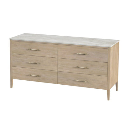 Averly 64"W Rectangular Marble Top 6 Drawer Dresser, Light Brown