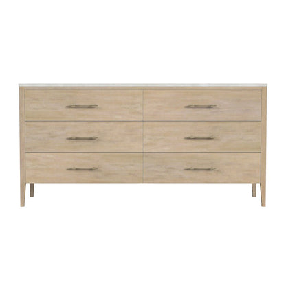 Averly 64"W Rectangular Marble Top 6 Drawer Dresser, Light Brown