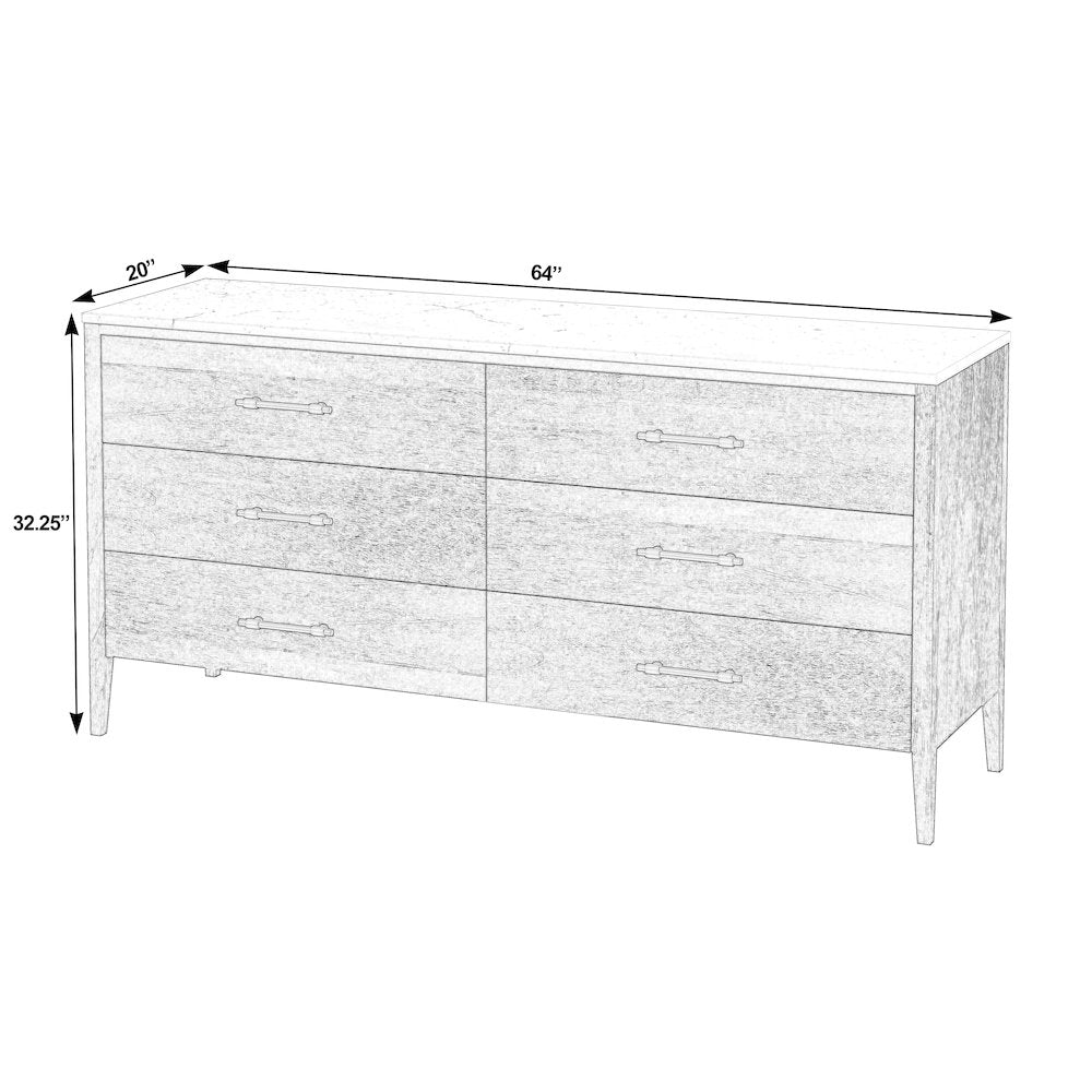 Averly 64"W Rectangular Marble Top 6 Drawer Dresser, Light Brown