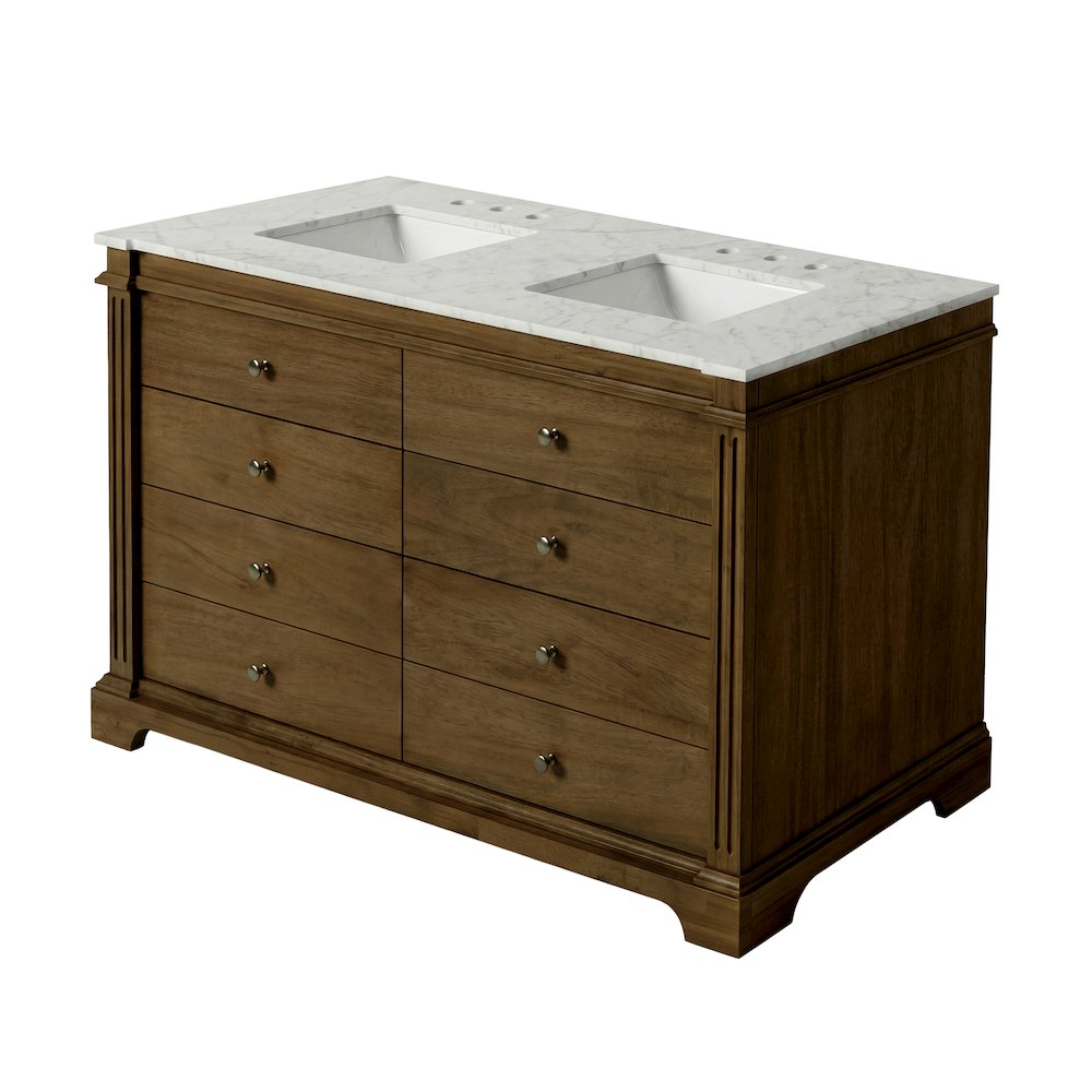 Rachelle 60 in. W Carrara Marble Top 6 Drawer Double Bathroom Vanity, Brown