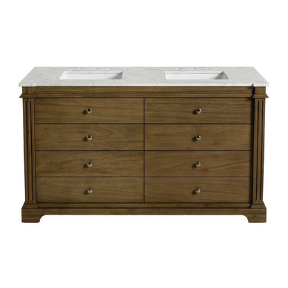 Rachelle 60 in. W Carrara Marble Top 6 Drawer Double Bathroom Vanity, Brown