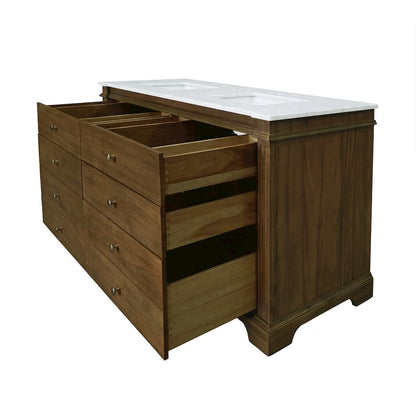 Rachelle 60 in. W Carrara Marble Top 6 Drawer Double Bathroom Vanity, Brown