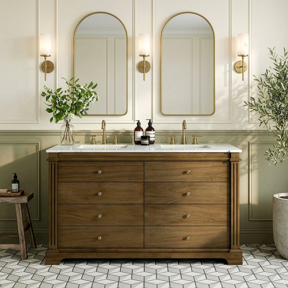 Rachelle 60 in. W Carrara Marble Top 6 Drawer Double Bathroom Vanity, Brown