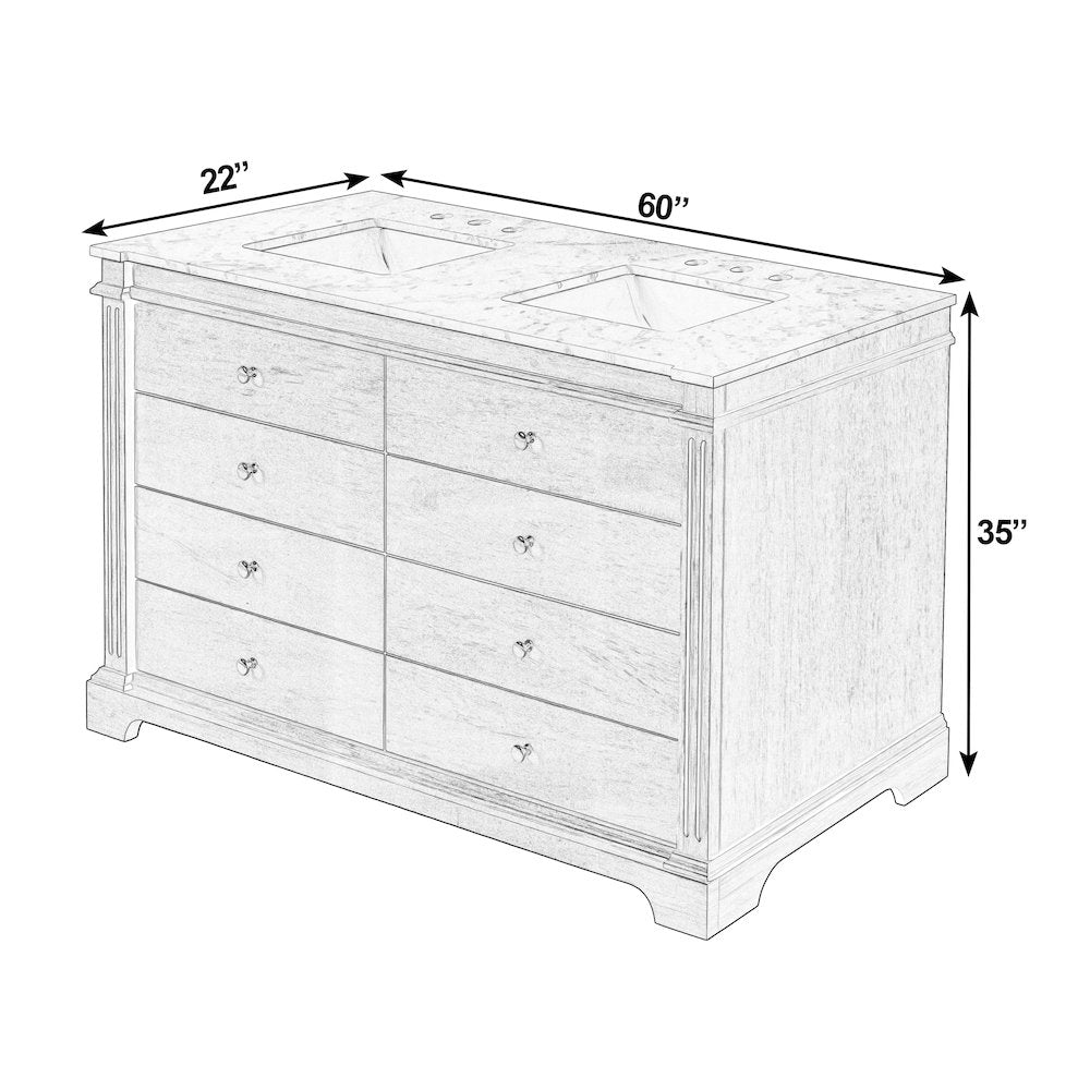 Rachelle 60 in. W Carrara Marble Top 6 Drawer Double Bathroom Vanity, Brown