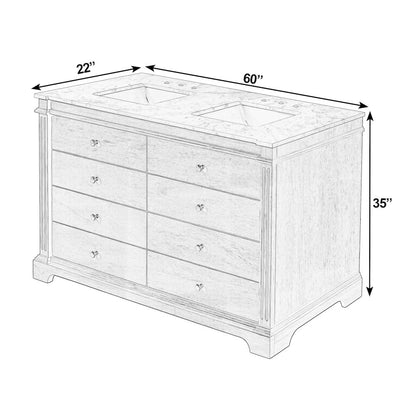 Rachelle 60 in. W Carrara Marble Top 6 Drawer Double Bathroom Vanity, Brown