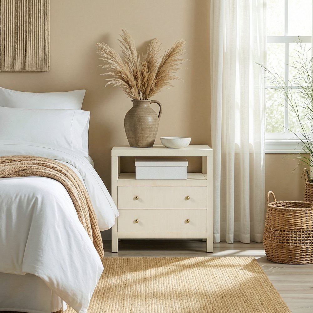 Nora 28 in. W Raffia 2 Drawer Nightstand with Top Open Shelf, Beige