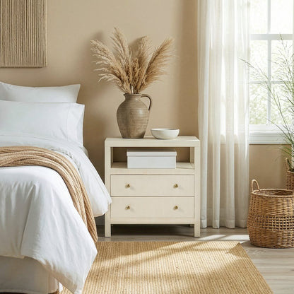 Nora 28 in. W Raffia 2 Drawer Nightstand with Top Open Shelf, Beige