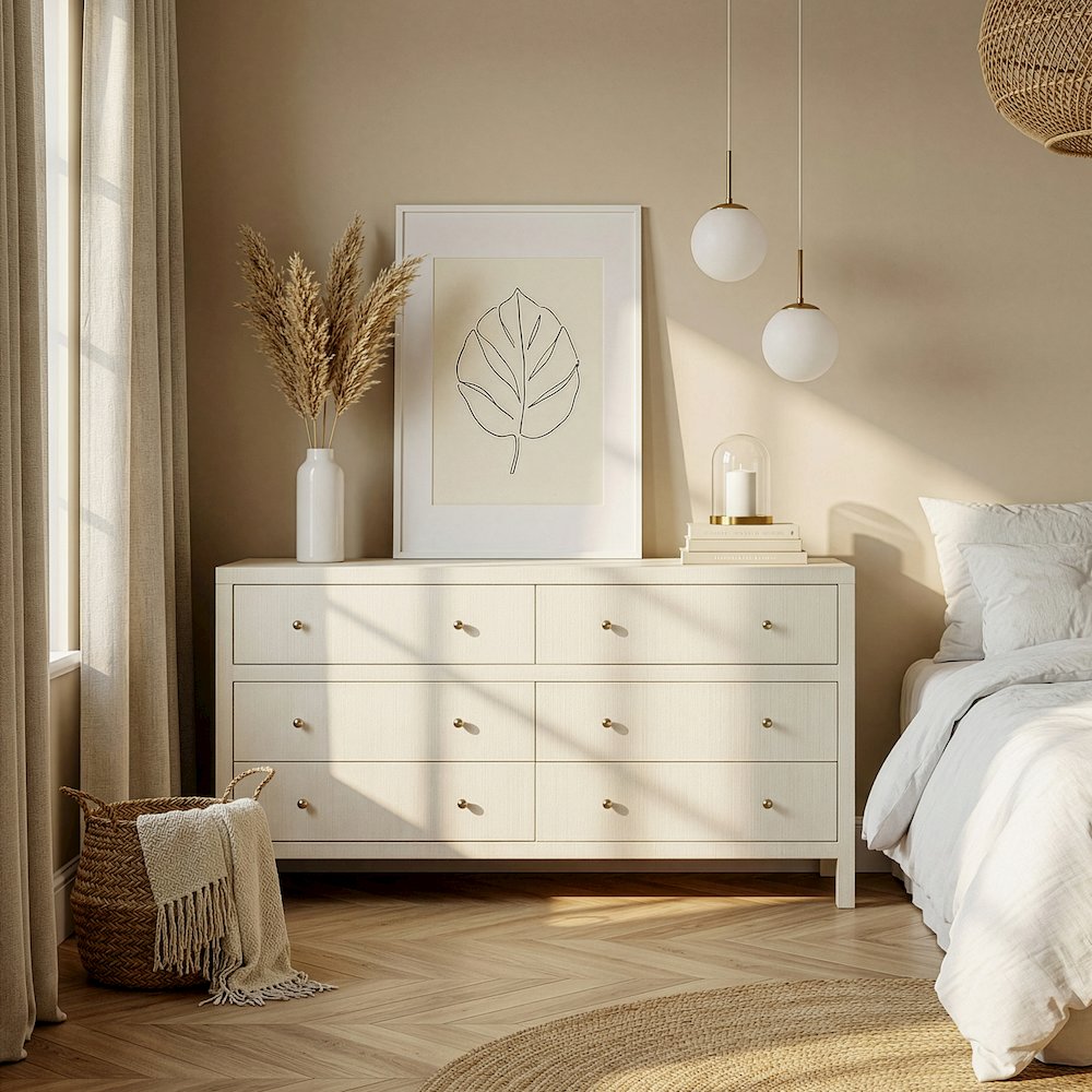 Nora 60 in. W Raffia 6 Drawer Dresser, Beige