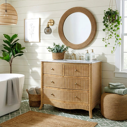 McLean 42 in. W Marble Top and Rattan 2 Drawer Single Bathroom Vanity, Natural