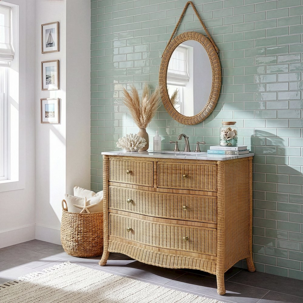 McLean 42 in. W Marble Top and Rattan 2 Drawer Single Bathroom Vanity, Natural