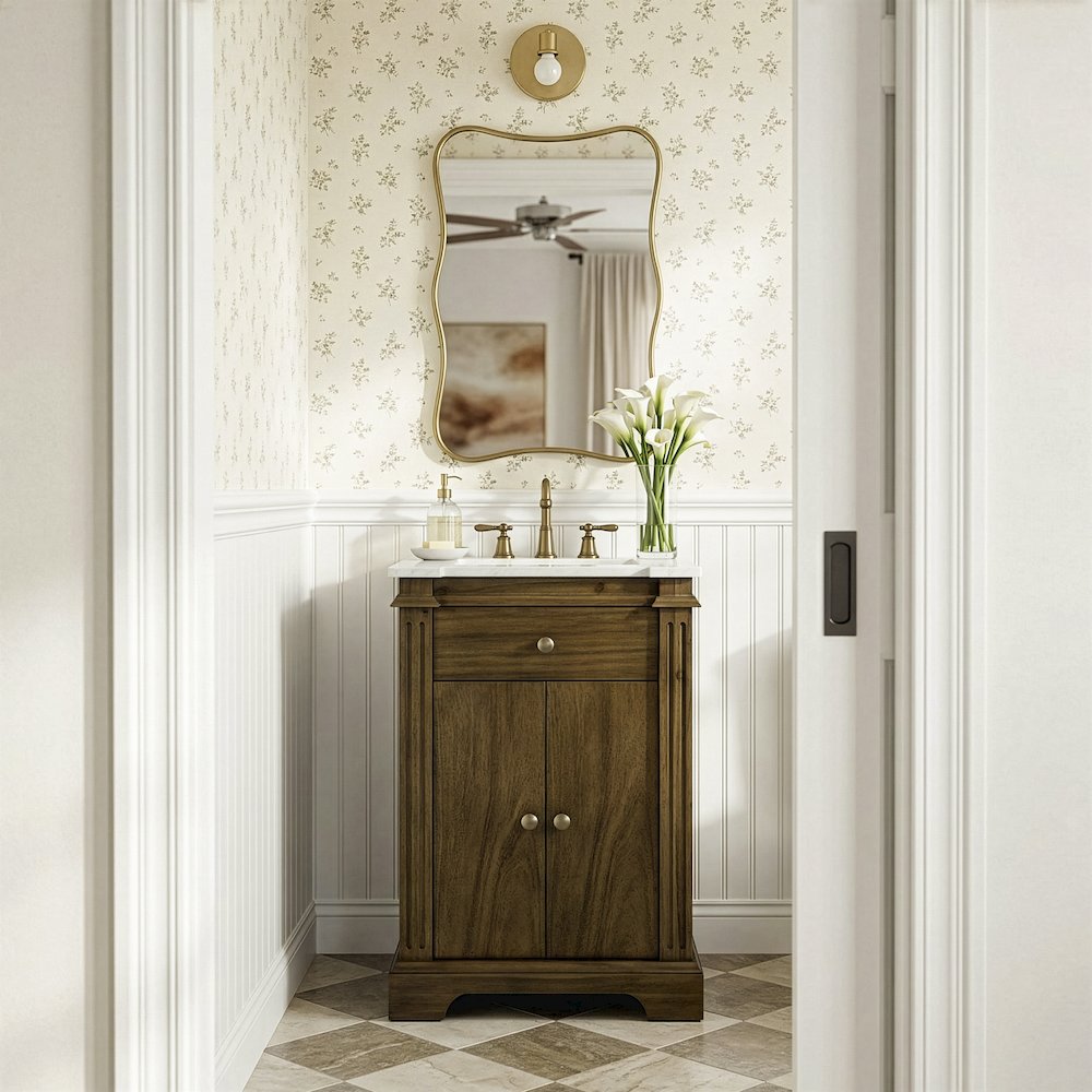 Rachelle 24 in. W Rectangular Wood & Marble Bathroom Vanity with Storage, Brown