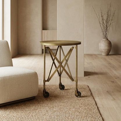 Round Industrial Side Table, Distressed Accent Table, Olive Ash