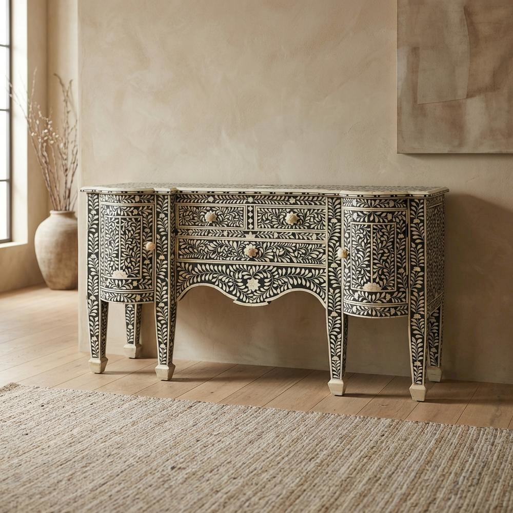 Boho Buffet Cabinet with 4 Drawers, Eclectic Sideboard, Black Bone