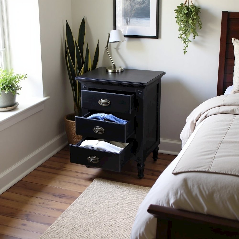 Black Wood Nightstand with Drawers – Classic 3 Drawer Bedroom Table