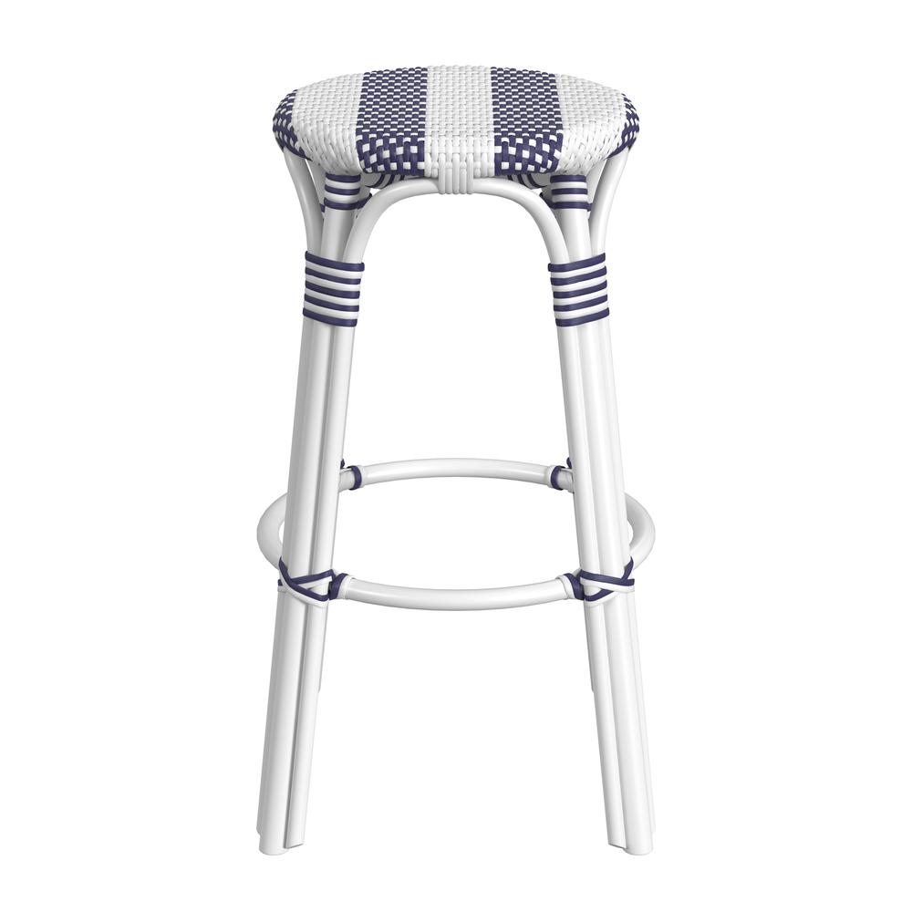 Tobias Round Rattan 30" Bar Stool, White and Navy Stripe