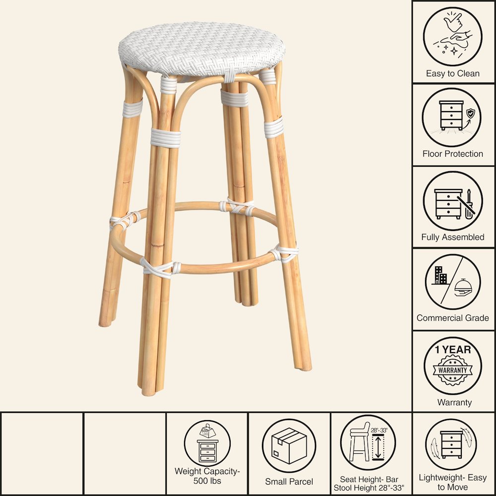 Tobias Round Rattan 30" Bar Stool, Glossy White