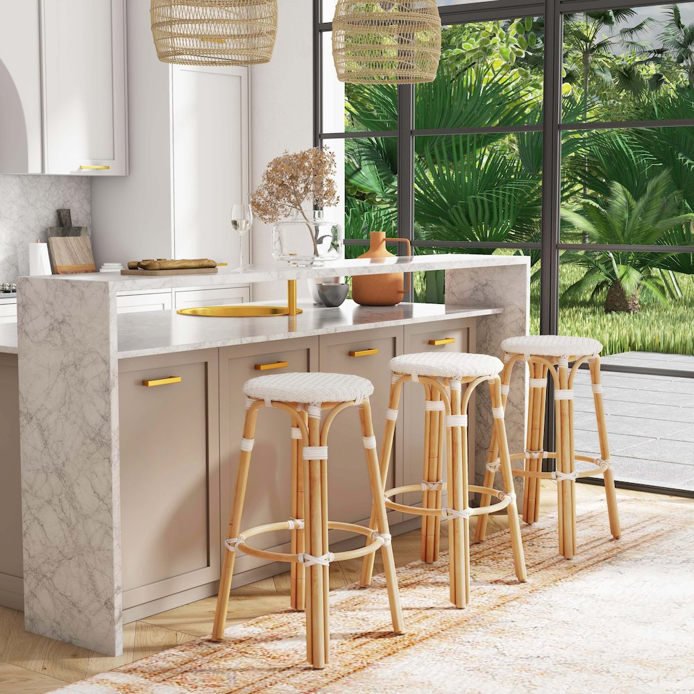 Tobias Round Rattan 30" Bar Stool, Glossy White