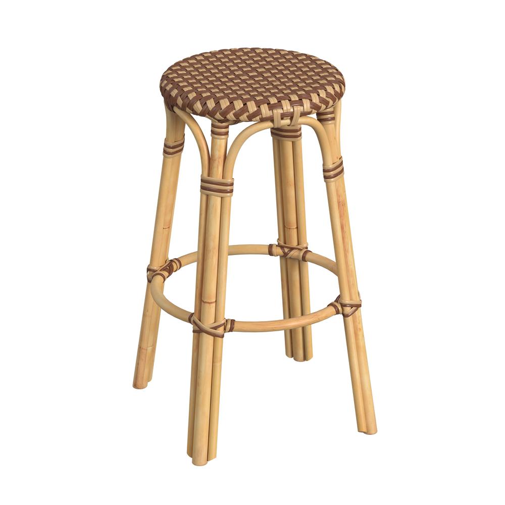 Tobias Round Rattan 30" Bar Stool, Brown and Tan Dot