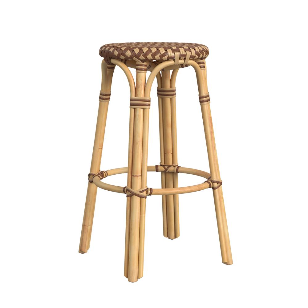Tobias Round Rattan 30" Bar Stool, Brown and Tan Dot