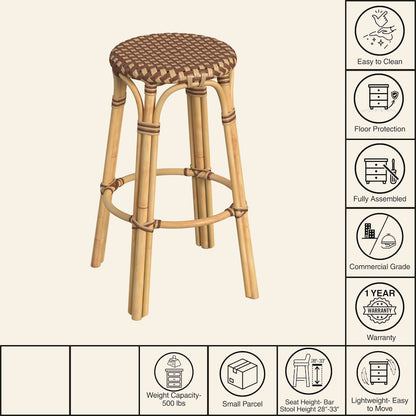 Tobias Round Rattan 30" Bar Stool, Brown and Tan Dot