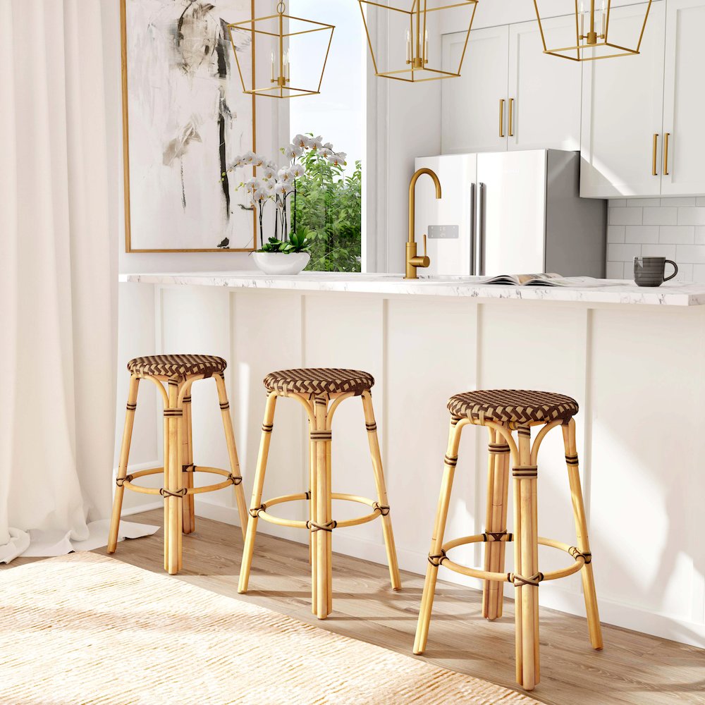 Tobias Round Rattan 30" Bar Stool, Brown and Tan Dot