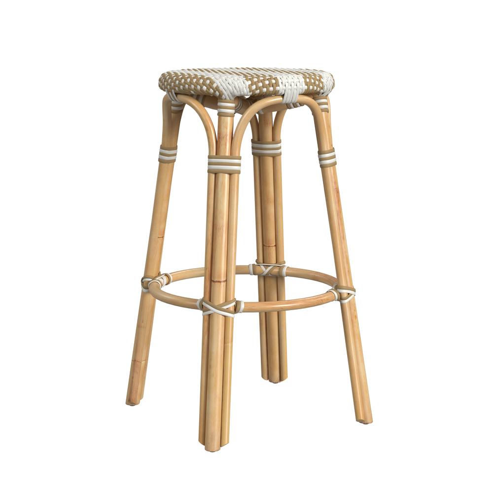 Tobias Round Rattan 30" Bar Stool, Tan and White Stripe