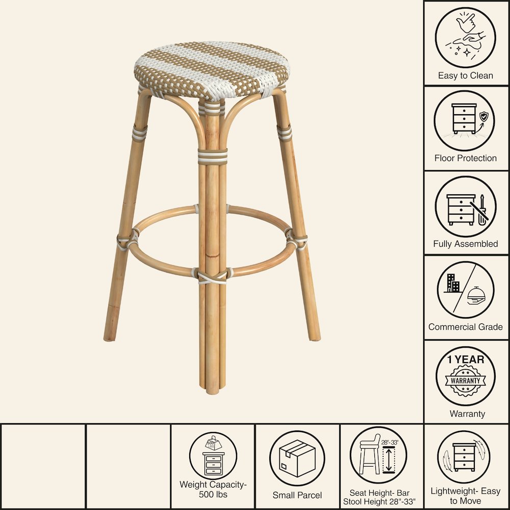 Tobias Round Rattan 30" Bar Stool, Tan and White Stripe